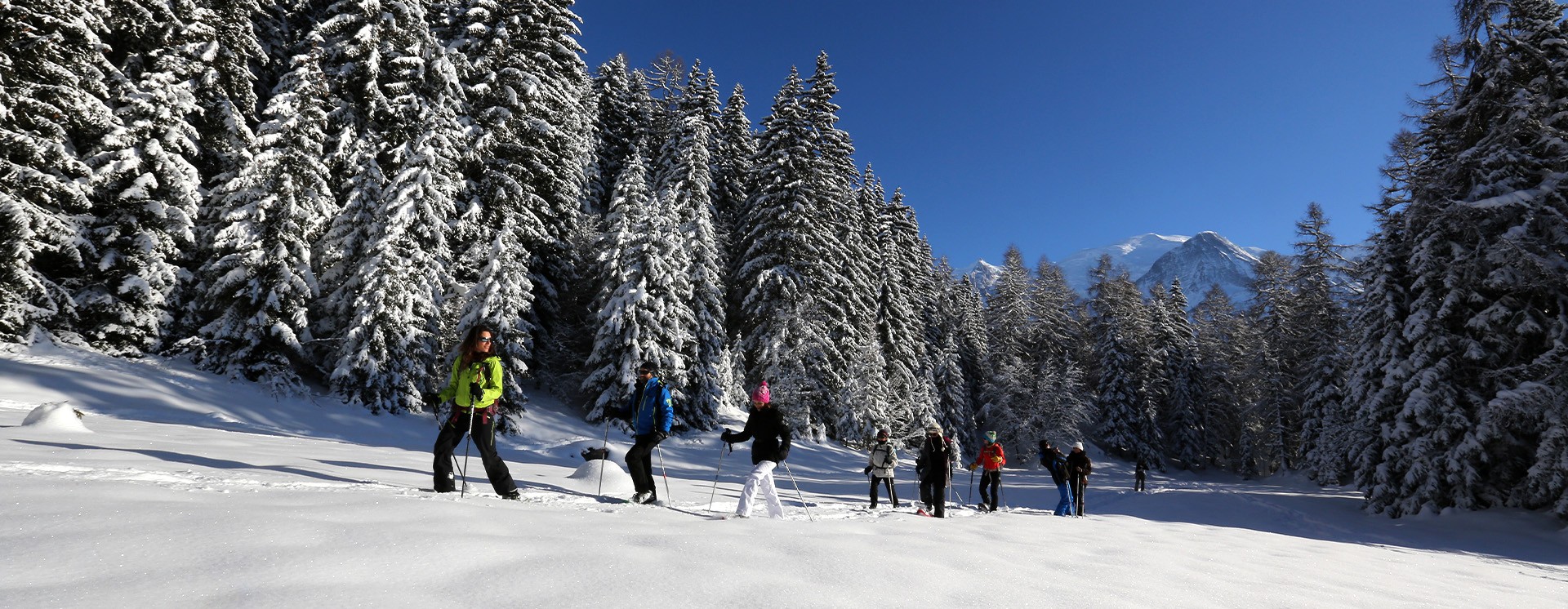 Groupe marchant sur la neige en raquettes